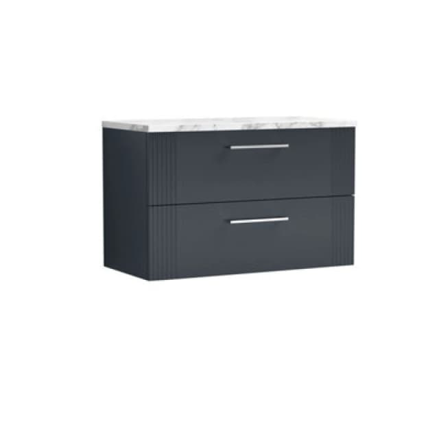 Nuie Deco Wall Hung 2-Drawer Vanity Unit & Carrera Marble Laminate Worktop, Counter Top Vanity Unit In Soft Black, 800mm