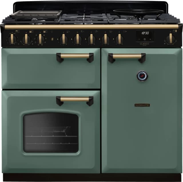 Rangemaster Classic Deluxe 100 Dual Fuel CLDL100DFPMGR/AB1 100cm wide Dual Fuel Range Cooker with Gas Hob - Mineral Green / Antique Brass - A Rated