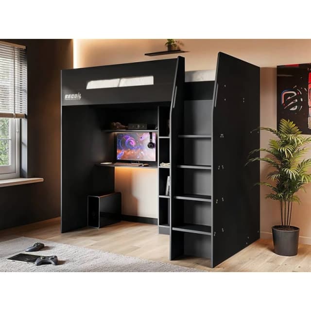 Flair Summit Gaming High Sleeper with Wardrobe Black in Grey Size: Single Grey Unisex Single