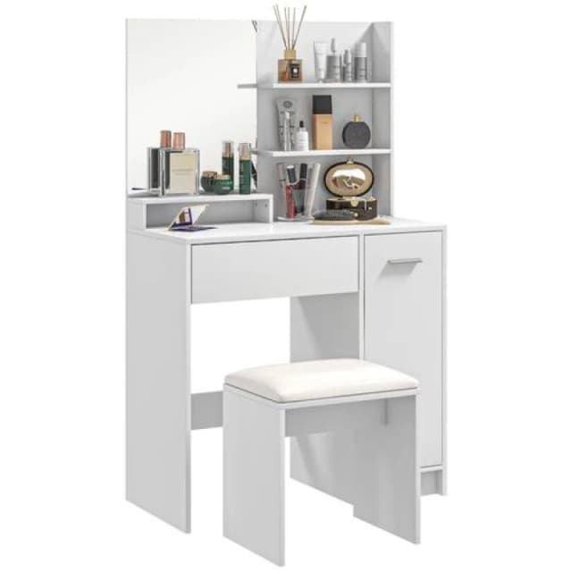 HOMCOM Dressing Table with Mirror and Stool, Makeup Desk for Bedroom, White 831-779V70WT