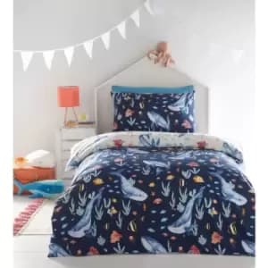 Kids Club Sea Life Navy Blue Children's Sea Animals Reversible Double Duvet Cover Set - Blue