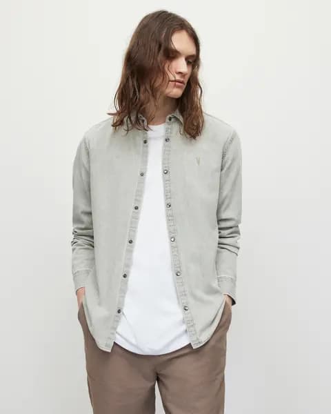 AllSaints Gleason Long Sleeve Shirt - Grey, Size L, Men Grey VLZXF Male L