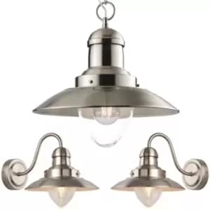 Hanging Ceiling Pendant Lamp & 2x Matching Wall Light Industrial Satin Nickel