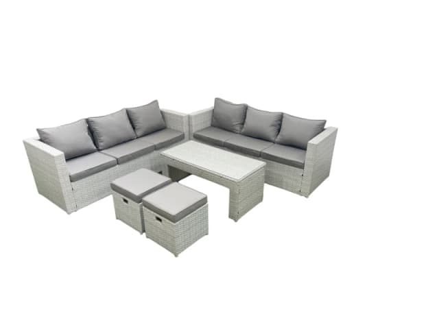 Fimous 8 Seater Garden Outdoor Rattan Furniture Set Rattan Garden Sofa Oblong Coffee Table with 2 Small Footstool Light Grey Mixed Light Grey