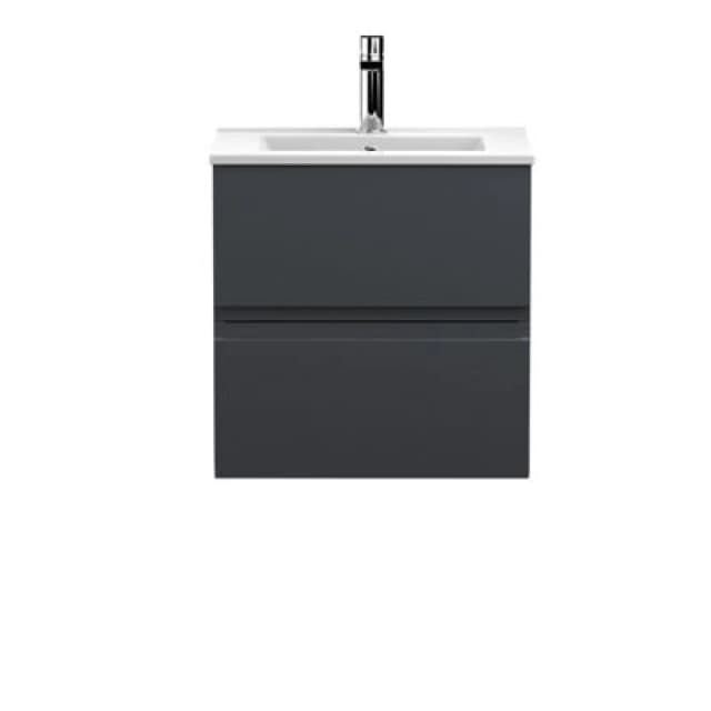 Nuie Hudson Reed Urban Wall Hung 2 Drawer Vanity Unit With Minimalist Ceramic Basin, Modern Bathroom Furniture In Soft Black, 500mm