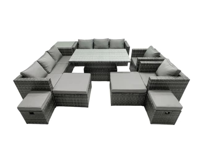 Fimous Rattan Dining Table Sofa Set with Side Table 4 Stools Outdoor 12 Seat in Dark Grey Dark Grey Unisex