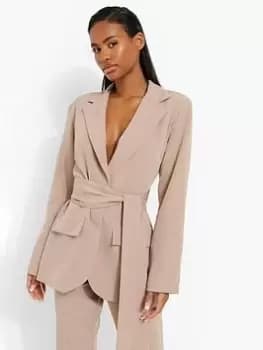 Boohoo Tie Waist Tailored Blazer - Camel, Brown, Size 8, Women