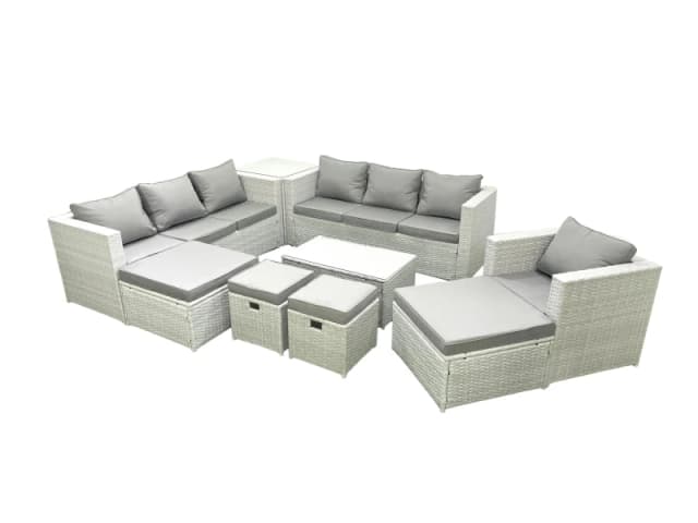 Fimous Rattan Garden Furniture Set 9 Pieces Outdoor Garden Sofa Chair Coffee Table Set with Side Table 4 Footstools Light Grey Mixed Light Grey