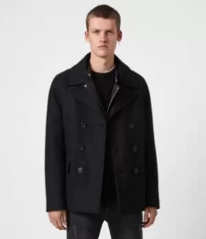 AllSaints Mens Altair Wool Blend Peacoat, Black, Size: 38