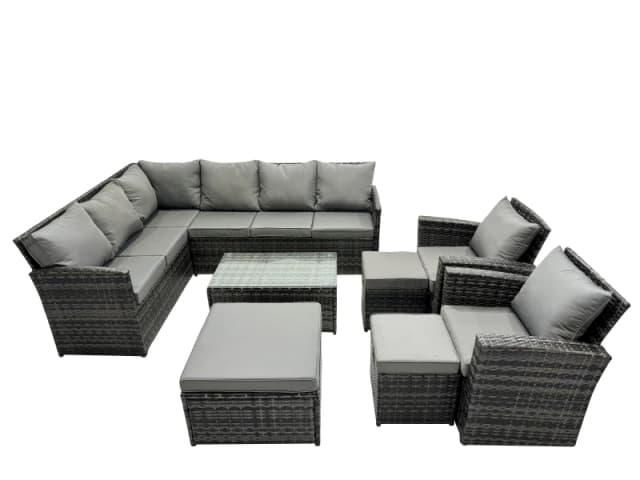 Fimous 11 Seat Outdoor Coffee Table Corner Sofa Set with 3 Stools 2 Chairs in Dark Grey Dark Grey Unisex