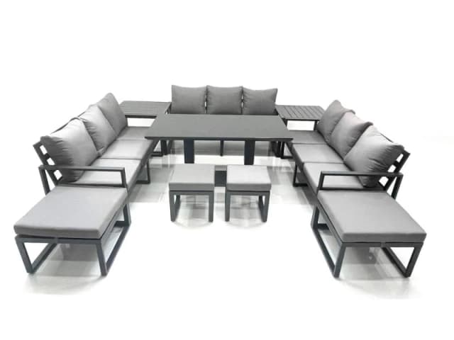 Fimous 13 Seater Garden Sofa Set Aluminium Furniture Rising Dining Tabe Set with 2 Side Tables 4 Footstools Dark Grey Dark Grey Unisex