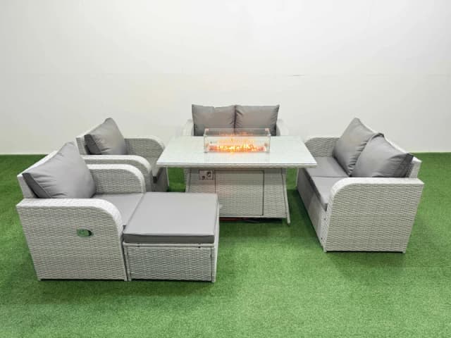 Fimous 7 Seater Outdoor Reclining Chair Love Sofa Set Rattan Garden Furniture Set with Firepit Dining Table Footstool Light Grey Light Grey