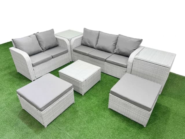 Fimous 7 Seater PE Rattan Wicker Garden Furniture Patio Conservatory Sofa Set with Square Coffee Table 3 Seater Sofa Love Sofa 2 Big Footstool 2 Side