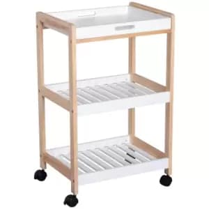 HOMCOM 3-Tier Mobile Bamboo Kitchen Trolley Cart With Rolling Wheels - White
