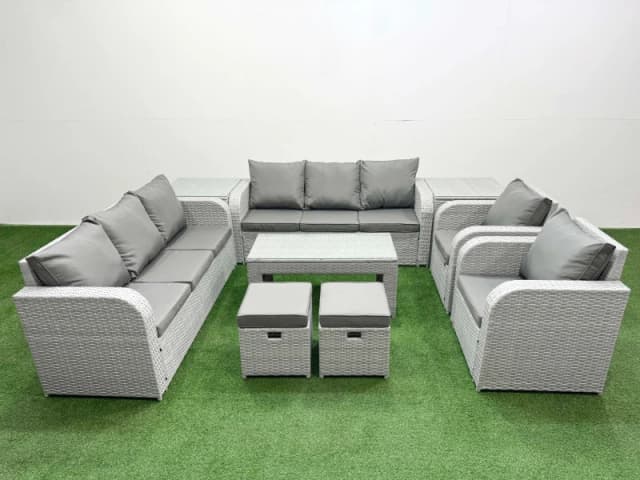 Fimous PE Rattan High Back Lounge Sofa Set Patio Oblong Coffee Table & Chairs Set with 3 Seater Sofa Reclining Chair Stools 2 Side Table Light Grey Li