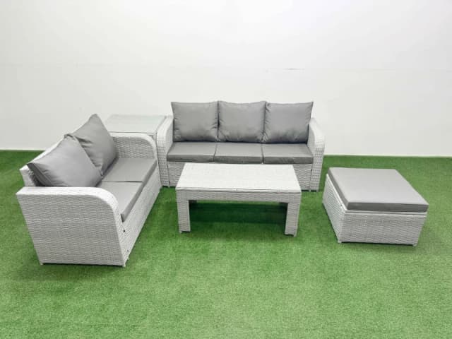 Fimous 6 Seater PE Rattan Wicker Garden Furniture Patio Conservatory Sofa Set with Oblong Coffee Table 3 Seater Sofa Love Sofa Big Footstool Side Tabl