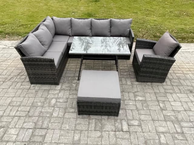 Fimous Rattan Garden Furniture Corner Sofa Set with Dining Table Footstool Armchair Outdoor Wicker Rattan Set in Dark Grey Dark Grey Unisex