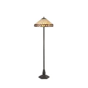 2 Light Octagonal Floor Lamp E27 With 40cm Tiffany Shade, Amber, Crystal, Aged Antique Brass