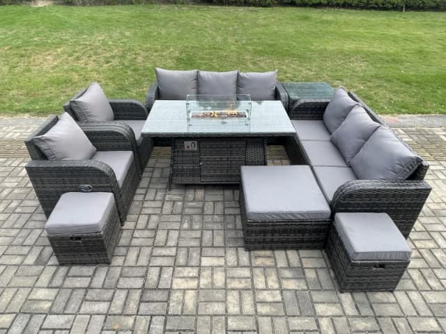 Fimous Wicker Rattan Garden Furniture Set Gas Fire Pit Dining Table Indoor Outdoor with Side Tables Chair Loveseat Sofa Dark Grey