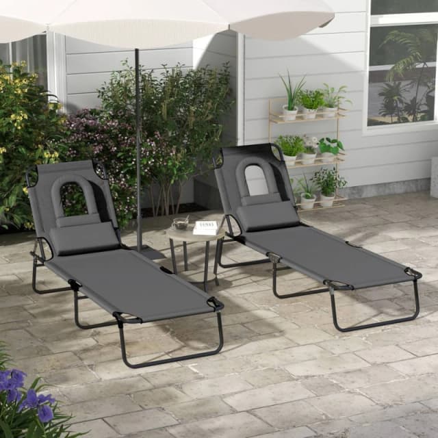 Outsunny Outsunny - Folding Sun Lounger Set of 2 Reclining Chair with Reading Hole Grey 5056725390303