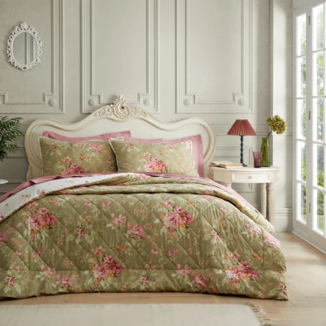 Bridgerton Penelope Floral Print Bedspread 200cm x 200cm Green