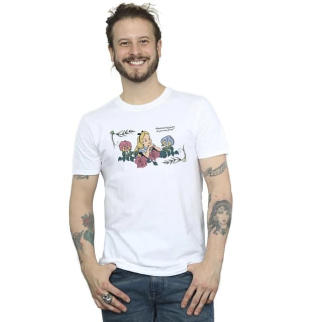 Disney Men Alice In Wonderland What Kind Of Garden T-Shirt in White Size: Small White S Male 5063153493148