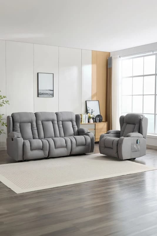 More4Homes Caesar 1+2 Seater Grey Technology Fabric Modern Manual Recliner Sofa Set Grey
