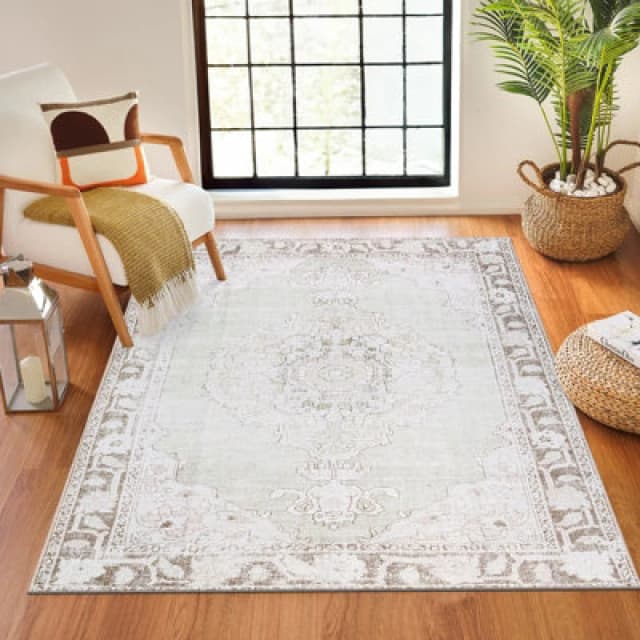 Our Pnw Home X Livabliss Machine Washable Oriental Boho Cream/light Brown Rainier Area Rug 160 X 220 Cm - Ideal For Living Room