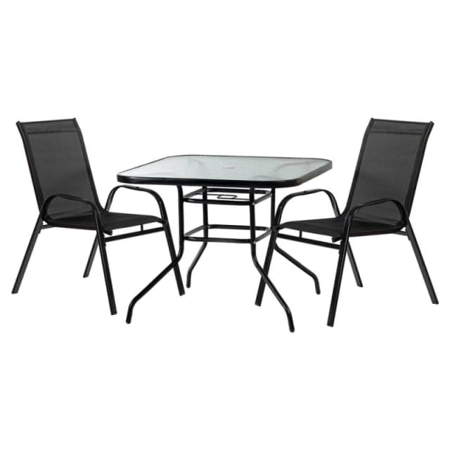 Harbour Housewares 2 Person Garden Furniture Set - Glass Top Outdoor Patio Coffee Bistro Table And Chairs - 90 X 90Cm - Black