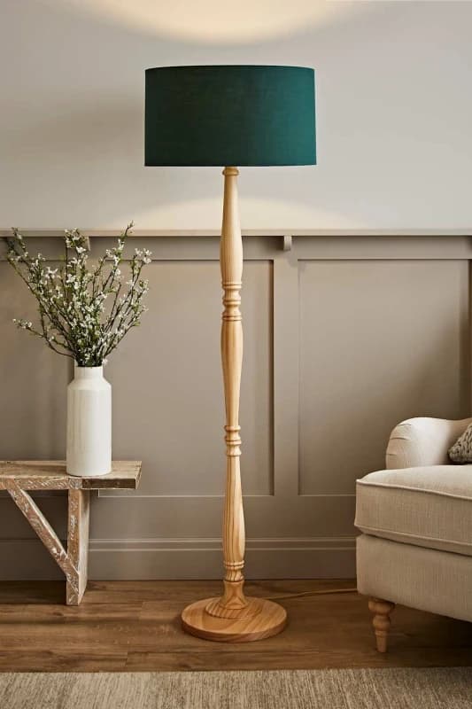 ValueLights Victoria Light Wood Traditional Stem Floor Lamp with Fabric Drum Shade Green