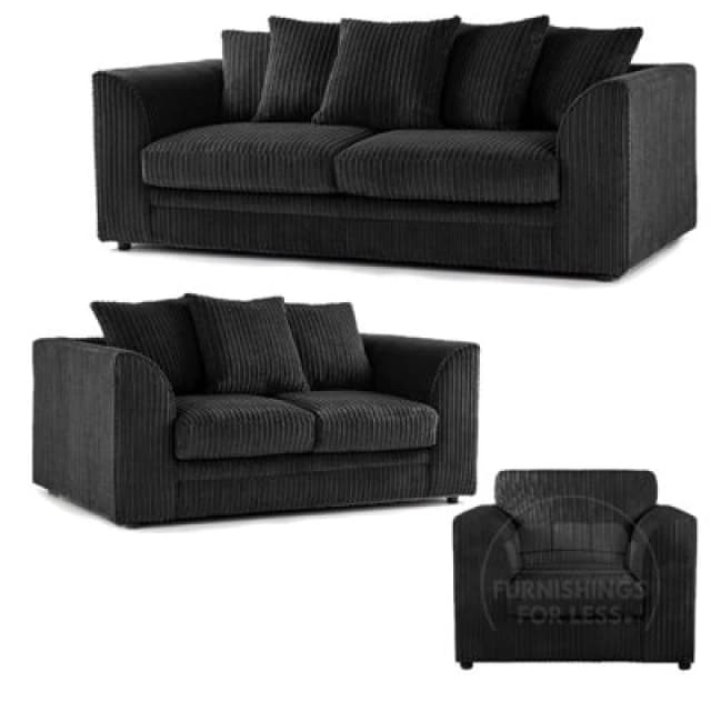 Furnishings For Less UK Luxor Jumbo Cord 3 + 2 + 1 Fabric 3 Piece Sofa Suite - Scatter Back Black