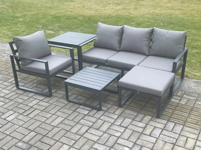 Fimous Aluminium Outdoor Garden Furniture Set Lounge Sofa Chairs Square Coffee Table Sets with Side Table Big Footstool Conservatory Set in Dark Grey