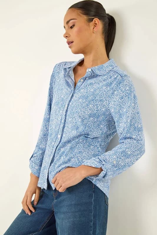 Roman Womens Petite Abstract Spot Jersey Shirt in Blue Size: 16 Blue Female 16
