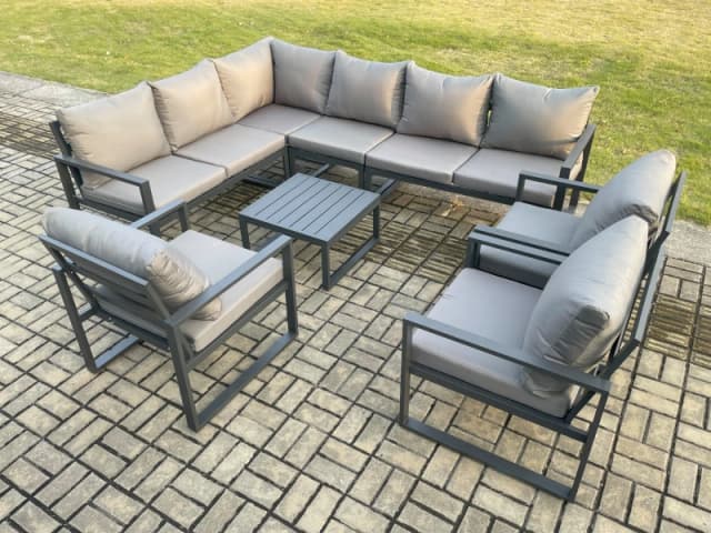 Fimous Aluminium Garden Furniture Set Outdoor Lounge Corner Sofa 3 Pcs Chair Square Coffee Table Sets Dark Grey 9 Seater Dark Grey Unisex