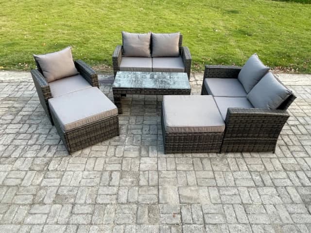 Fimous 7 Seater High Back Rattan Garden Furniture Sofa Sets with Rectangular Coffee Table 2 Big Footstool Loveseat Sofa Armchair Dark Grey Mixed Dark