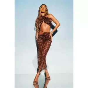 I Saw It First Cheetah Print Mesh Midi Skirt With Side Cut Out Detail - Brown