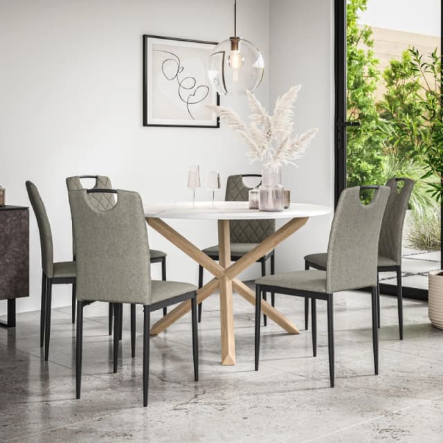 More4Homes Malvern Round Dining Table And Chairs - Marble Table Top W Solid Oak Legs + Monza Fabric Dining Chair Set Of 6 (Grey)