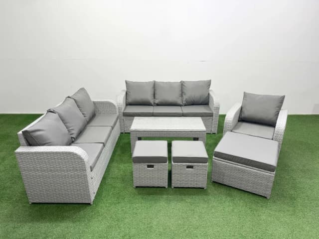 Fimous 10 Seater Poly Rattan Outdoor Garden Furniture Oblong Coffee Table Sofa Set Patio 3 Seater Sofa Reclining Chair 3 Seater Sofa 3 Stools Light Gr