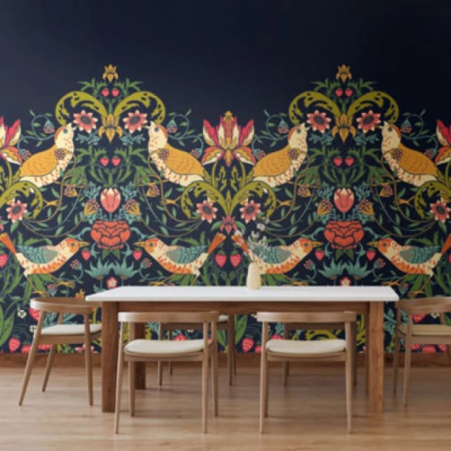 Origin Murals Birds, Fruit And Foliage - Navy And Coral Matt Smooth Paste The Wall Mural 350Cm Wide X 280Cm High
