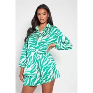 I Saw It First Zebra Oversized Printed Satin Shirt - Green