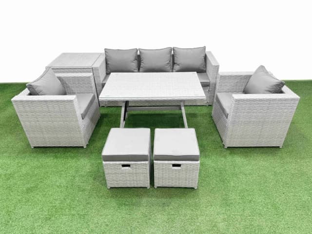 Fimous 8 Pieces Outdoor PE Rattan Sofa Armchair Set with Side Table 2 Stools in Light Grey Light Grey Unisex