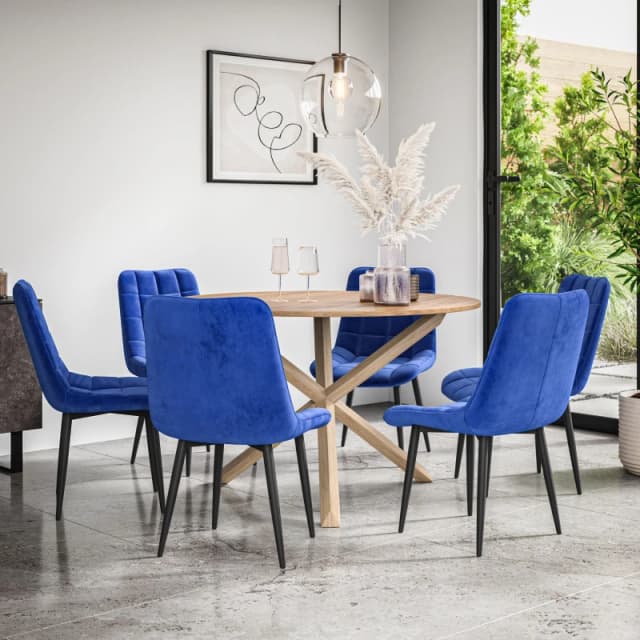 More4Homes Malvern Round Dining Table And Chairs - Oak Table Top W Solid Oak Legs + Nova Velvet Dining Chair Set Of 6 (Blue)
