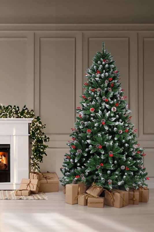 Neo 2.1 m 7ft Christmas Xmas Tree Flocked Snowy Effect Fake Pine Cone Red Berries Metal Stand Flocked Tips in Dark Green Size: 7ft Dark Green Unise