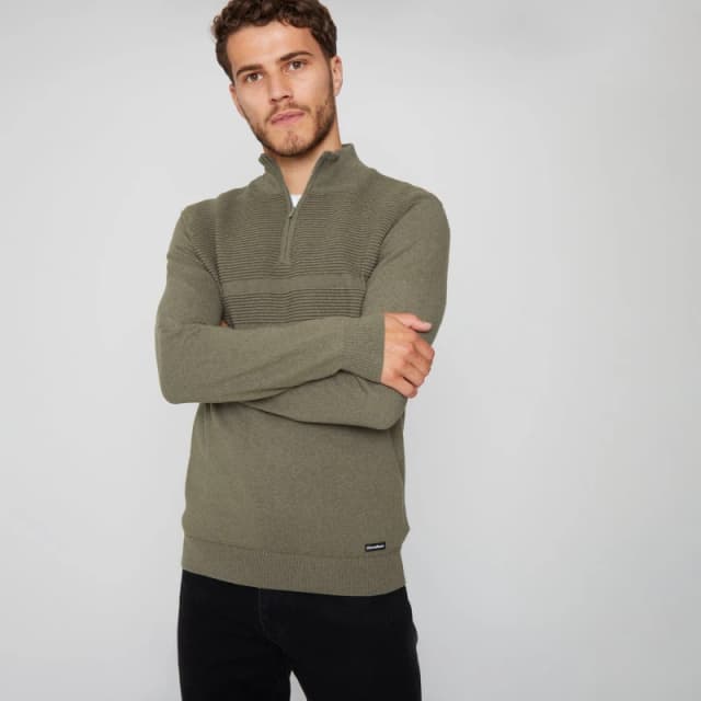 Threadbare 'Foxwood' Rib Detail Crew Neck Quarter Zip Jumper Khaki