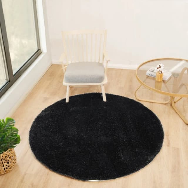 Livabliss Round Shaggy Solid Color Plush Pile Black Claire Area Rug 120 X 120 Cm - Easy Care, Non Shedding, Ideal For Living Room & Bedroom