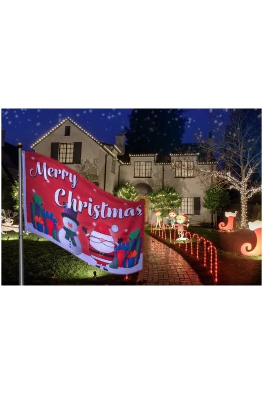 St Helens Merry Christmas Flag Santa Snowman and Xmas Gift Presents Design with 2 Metal Grommets, Red ELV-065386