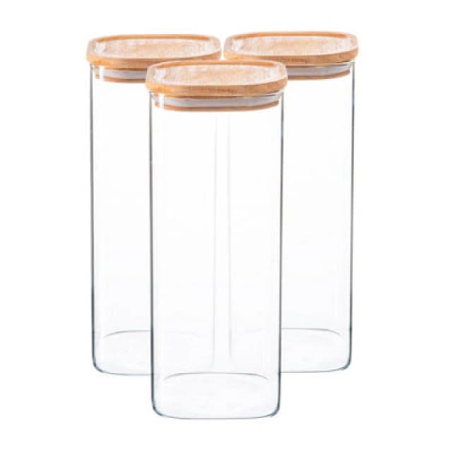 Argon Tableware Square Glass Storage Jars with Wooden Lids 1.9 Litre Pack of 3 Clear