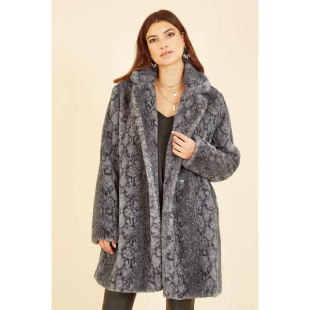 Yumi Womens Grey Snakeskin Print Faux Fur Coat Size: 8 Grey Female 8