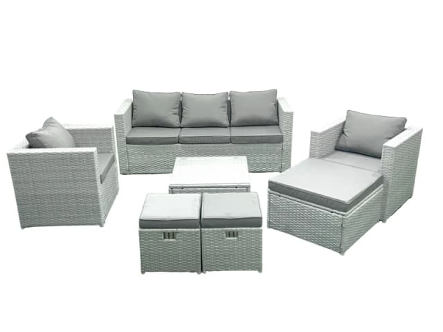 Fimous Rattan Garden Outdoor Furniture Sofa Set with Square Coffee Table 2 Chairs 3 Footstools Light Grey Mixed Light Grey