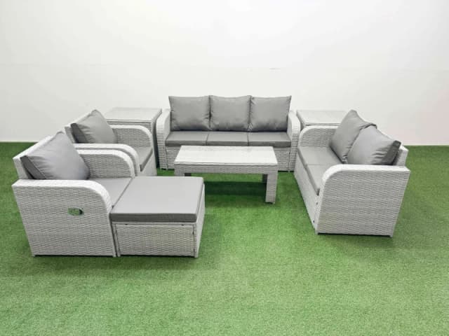 Fimous PE Rattan Garden Furniture Set Adjustable Chair Sofa Double Love Seat 2 Seater Sofa Lounge Set Rectangular Coffee Table Big Footstool 2 Side Ta